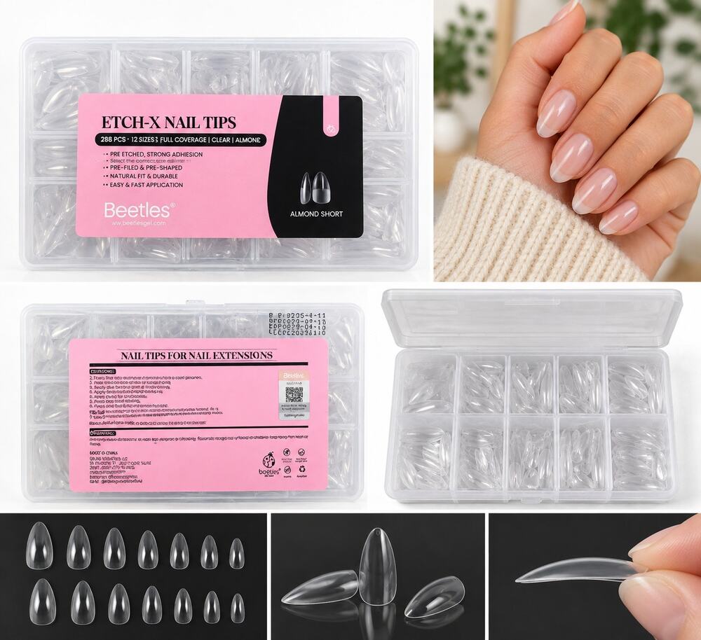 Beetles ETCH-X Nail Tips – Clear Almond Short Nail Extensions – 288 Pieces